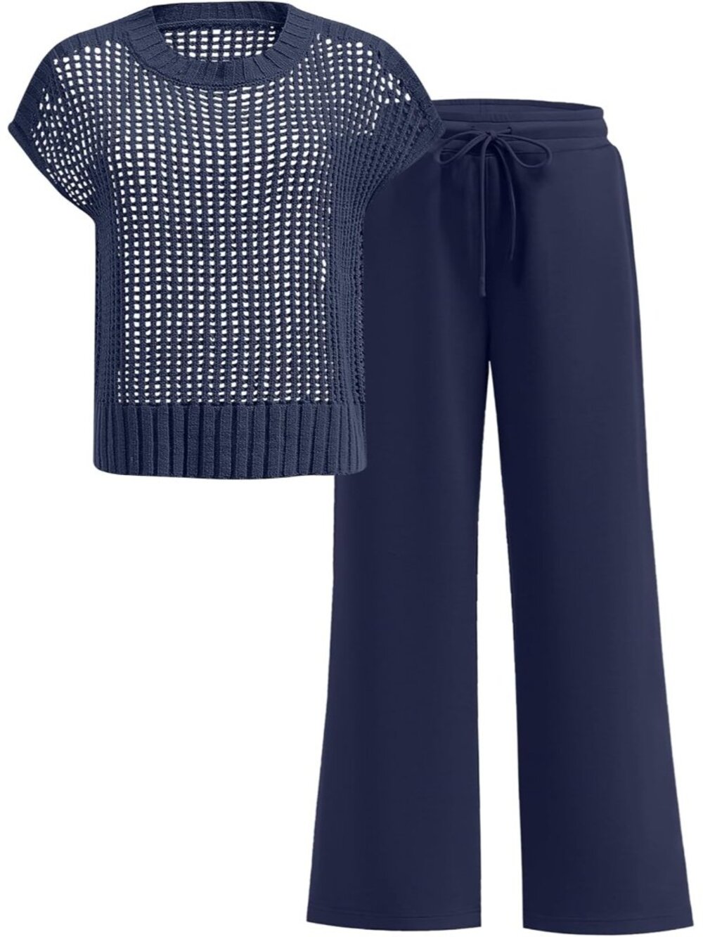 🆕Women Blue Two Piece Outfits Crochet Sheer Knit Sweater Top Wide Leg Pants